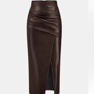 Commense Dark Brown Faux Leather Wrap Midi Skirt